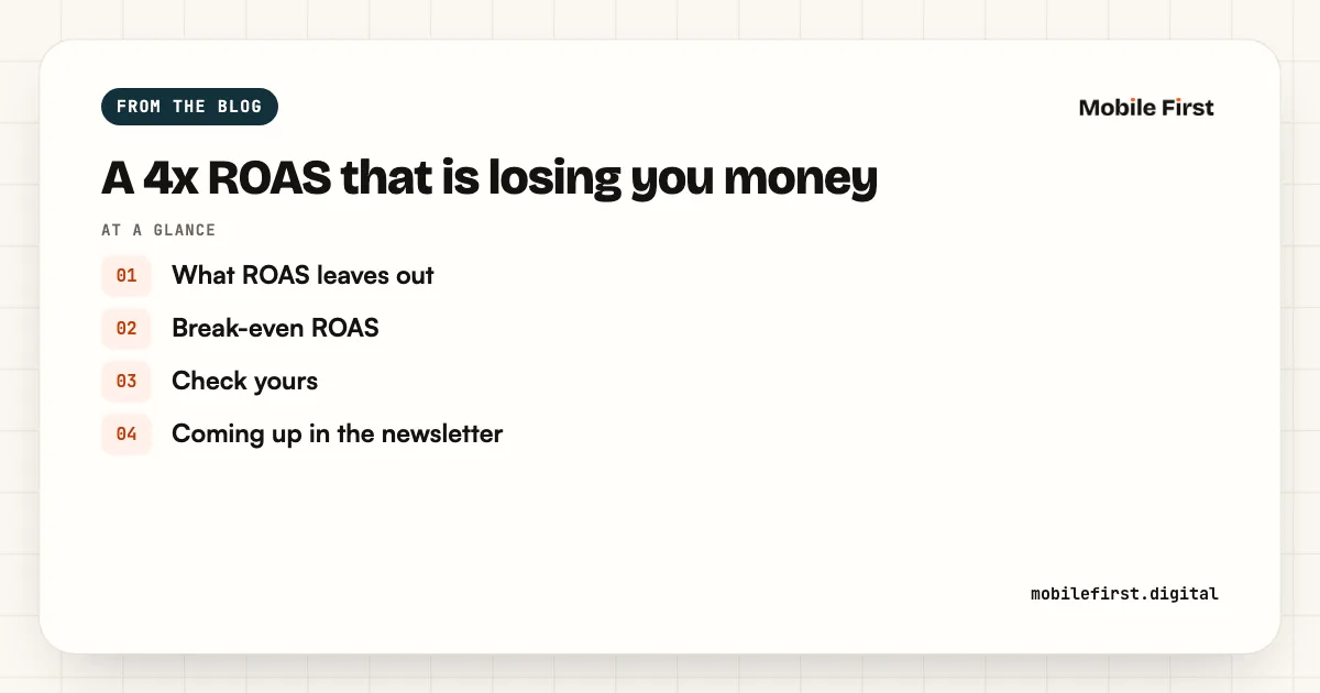 A 4x ROAS that is losing you money: What ROAS leaves out; Break-even ROAS; Check yours; Coming up in the newsletter