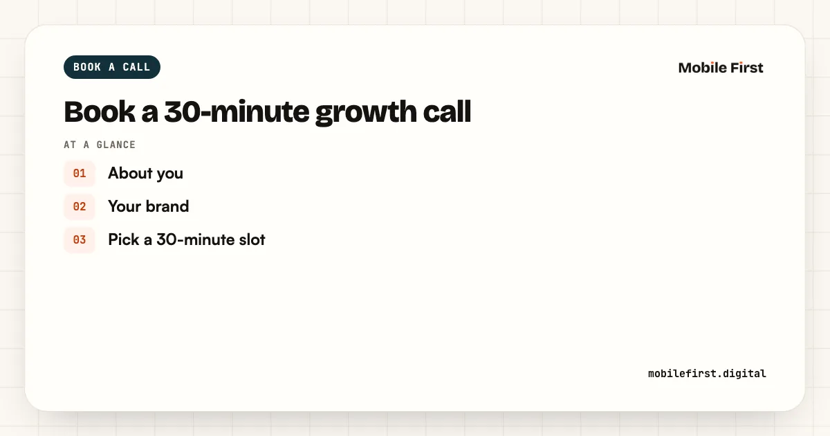 Book a 30-minute growth call: About you; Your brand; Pick a 30-minute slot