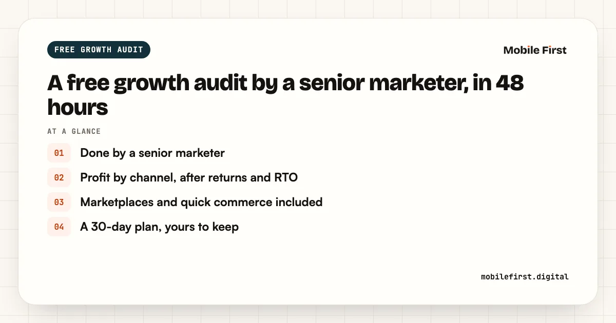 A free growth audit by a senior marketer, in 48 hours: Done by a senior marketer; Profit by channel, after returns and RTO; Marketplaces and quick commerce included; A 30-day plan, yours to keep