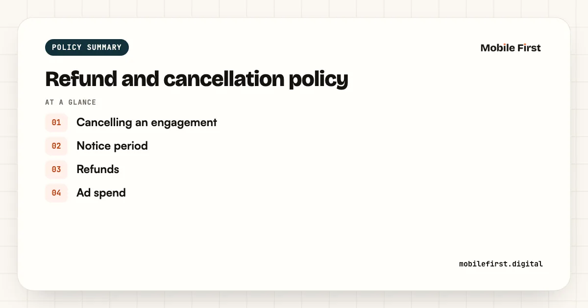 Refund and cancellation policy: Cancelling an engagement; Notice period; Refunds; Ad spend