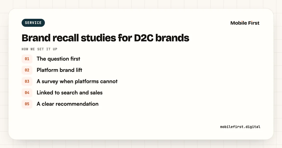 Brand recall studies for D2C brands: The question first; Platform brand lift; A survey when platforms cannot; Linked to search and sales; A clear recommendation