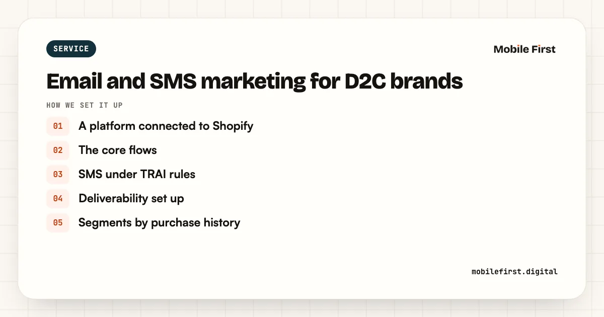 Email and SMS marketing for D2C brands: A platform connected to Shopify; The core flows; SMS under TRAI rules; Deliverability set up; Segments by purchase history