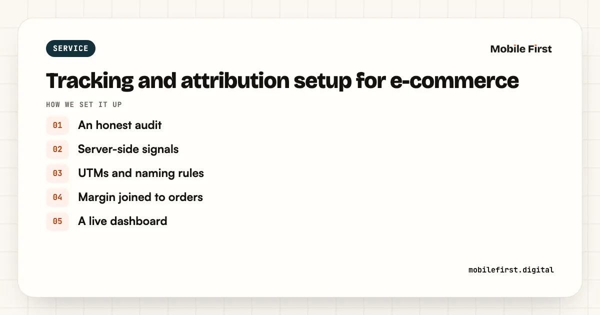Tracking and attribution setup for e-commerce: An honest audit; Server-side signals; UTMs and naming rules; Margin joined to orders; A live dashboard