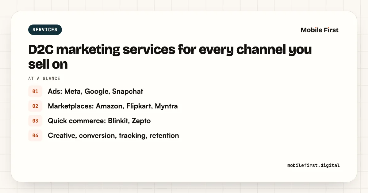 D2C marketing services for every channel you sell on: Ads: Meta, Google, Snapchat; Marketplaces: Amazon, Flipkart, Myntra; Quick commerce: Blinkit, Zepto; Creative, conversion, tracking, retention