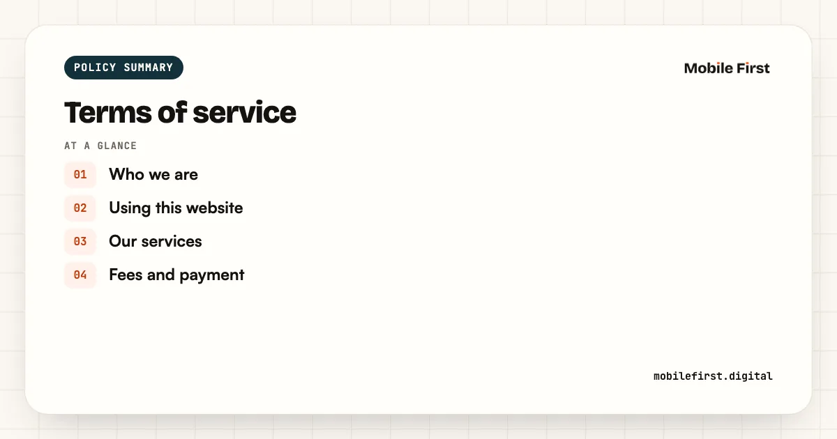 Terms of service: Who we are; Using this website; Our services; Fees and payment