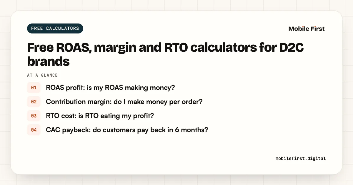 Free ROAS, margin and RTO calculators for D2C brands: ROAS profit: is my ROAS making money?; Contribution margin: do I make money per order?; RTO cost: is RTO eating my profit?; CAC payback: do customers pay back in 6 months?