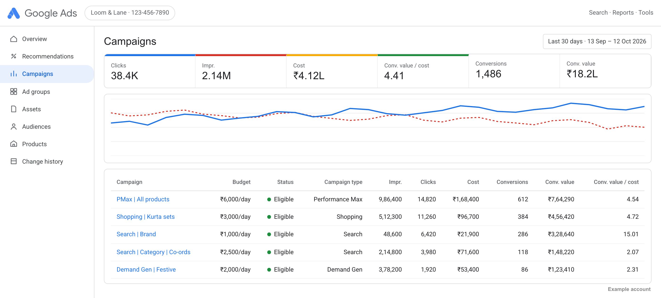 Google Ads campaigns with cost, conversions, conversion value and value per cost, example account